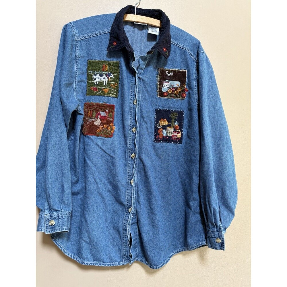 Vtg Bobbie Brooks Cotton Denim Button Up Farm Cow Barn Embroidered Shirt Size L